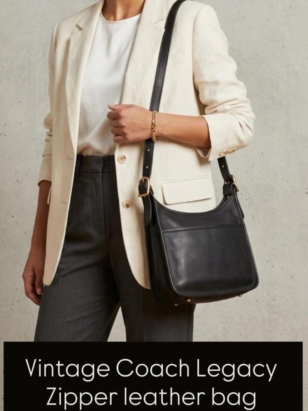 Vintage Coach Black Leather Shoulder Bag with Brass-Tone Hardware